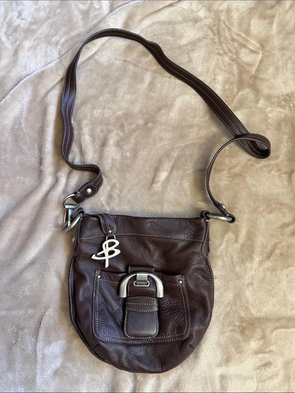 b. makowsky Dark Brown Pebbled Leather Crossbody with Silver Hardware